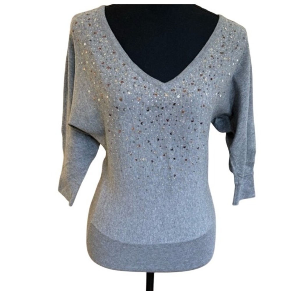 White House Black Market‎ Gray Sequin V Neck Dolman Sleeve Sweater Size S